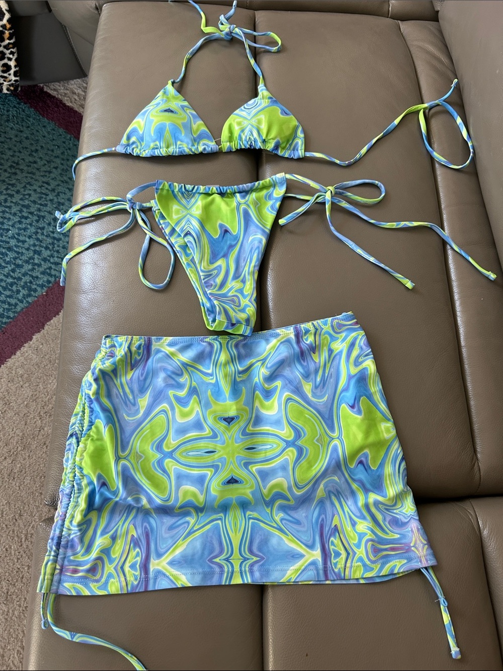 Unbranded 3 piece Marbled Print Bikini Set with Mini Skirt S